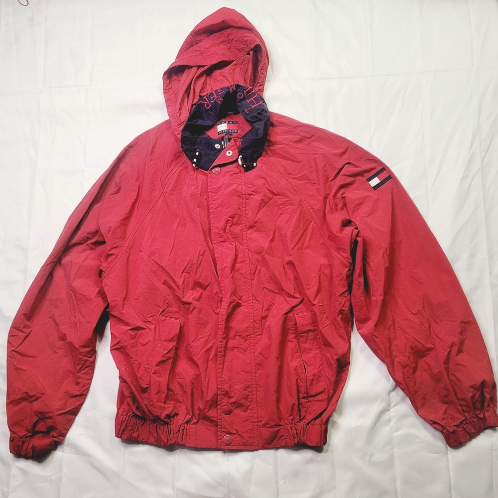 Vintage Tommy Hilfiger Red Windbreaker Hooded Jacket Navy Collar Mens Size XL